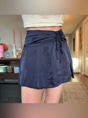 aerie Blue Satin-Look Mini Skirt with Ruched Waist and Tie